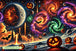 Diamond Painting mit Kürbissen, Fledermäusen, Mond, Planeten und farbigen Spiralgalaxien im Weltall. Mockup.