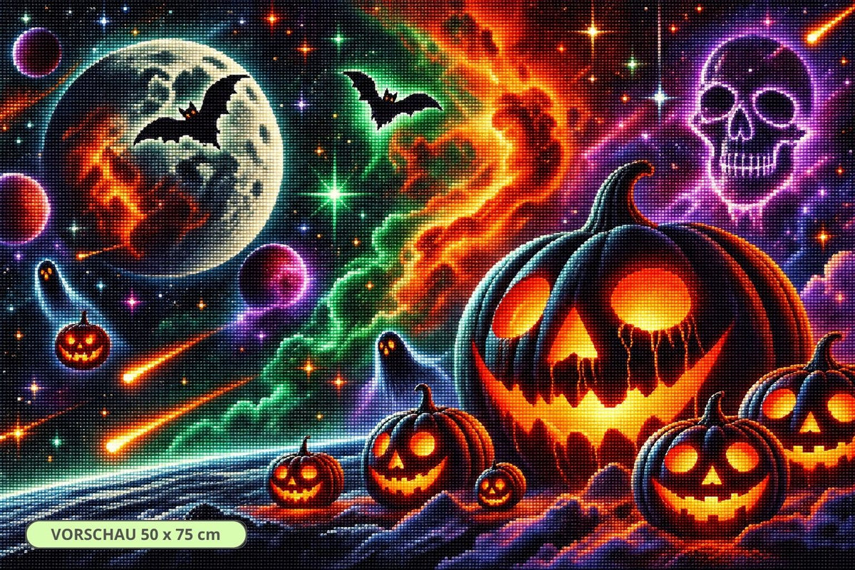 Diamond Painting mit großem leuchtendem Kürbis, Vollmond, Fledermäusen, Geistern und farbigem Sternennebel. Mockup.