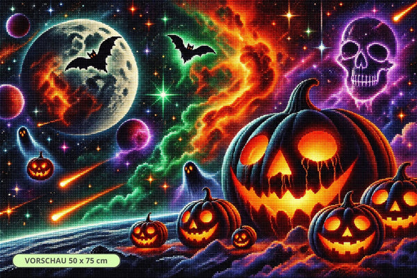Diamond Painting mit großem leuchtendem Kürbis, Vollmond, Fledermäusen, Geistern und farbigem Sternennebel. Mockup.