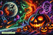 Diamond Painting mit großem leuchtendem Kürbis, Vollmond, Fledermäusen, Geistern und farbigem Sternennebel. Mockup.