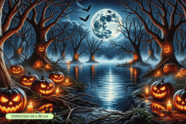 Diamond Painting mit Vollmond über einem Waldsee, Kürbissen, Fledermäusen und kahlen Bäumen. Mockup.