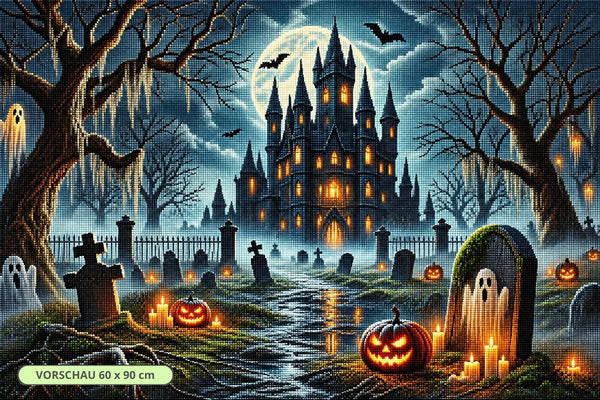 Diamond Painting mit Spukschloss, Vollmond, Geistern, Grabkreuzen, Fledermäusen und Kürbissen. Mockup.