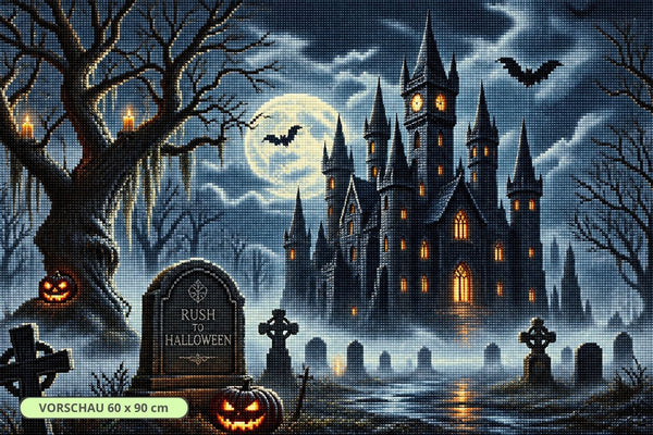 Diamond Painting eines Spukschlosses mit Vollmond, Friedhof, Fledermäusen und Kürbissen. Mockup.