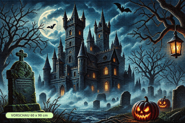 Diamond Painting mit Spukschloss, Vollmond, Grabsteinen, Fledermäusen und leuchtenden Kürbissen. Mockup.