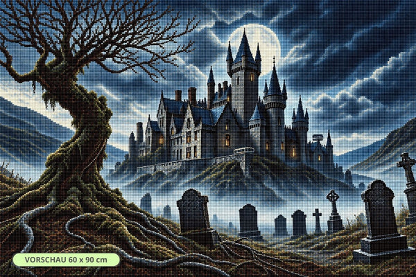 Diamond Painting eines Spukschlosses mit Türmen, Friedhof, Grabsteinen, Baum und dichtem Nebel. Mockup.