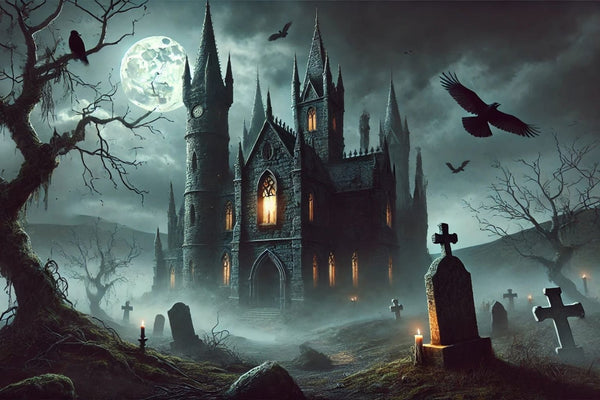 Diamond Painting einer gotischen Burg mit Vollmond, Friedhof, Raben, Fledermäusen und Nebel.