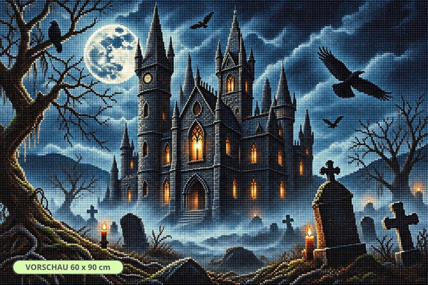 Diamond Painting einer gotischen Burg mit Vollmond, Friedhof, Raben, Fledermäusen und Nebel. Mockup.