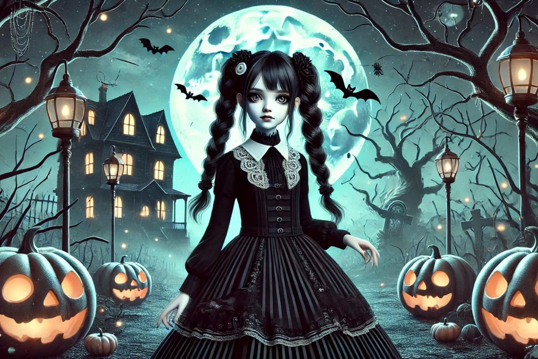 Diamond Painting mit Wednesday Addams vor Vollmond, Fledermäusen, Kürbissen und alten Grabsteinen.