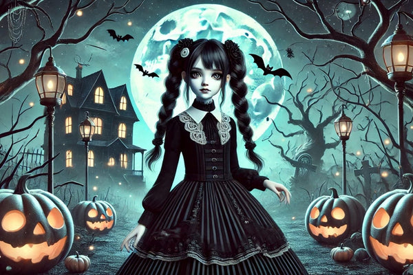 Diamond Painting mit Wednesday Addams vor Vollmond, Fledermäusen, Kürbissen und alten Grabsteinen.