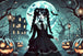 Diamond Painting mit Wednesday Addams vor Vollmond, Fledermäusen, Kürbissen und alten Grabsteinen.