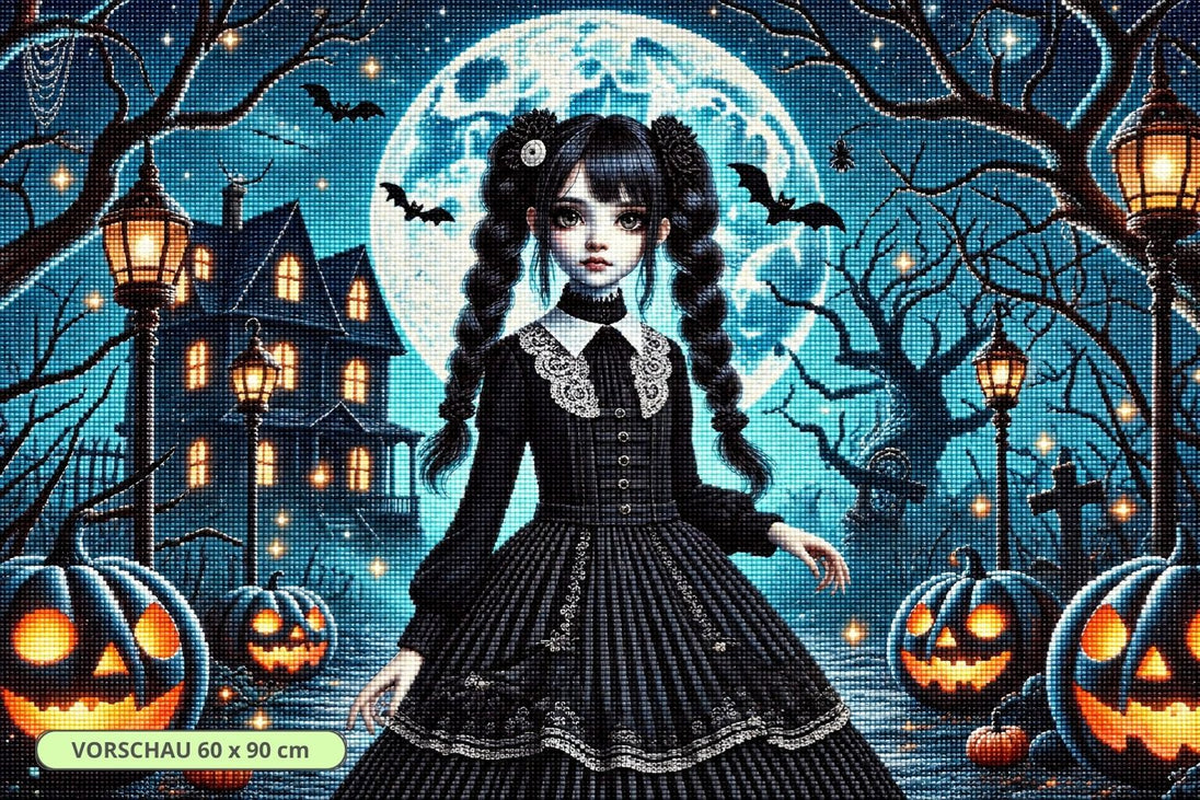Diamond Painting mit Wednesday Addams vor Vollmond, Fledermäusen, Kürbissen und alten Grabsteinen. Mockup.