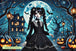 Diamond Painting mit Wednesday Addams vor Vollmond, Fledermäusen, Kürbissen und alten Grabsteinen. Mockup.