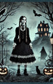 Diamond Painting mit Wednesday Addams vor Spukhaus, Fledermäusen, Kürbissen und schwarzer Katze.
