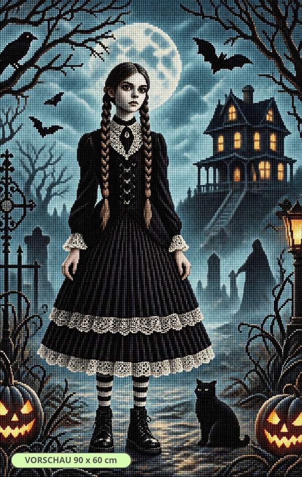 Diamond Painting mit Wednesday Addams vor Spukhaus, Fledermäusen, Kürbissen und schwarzer Katze. Mockup.