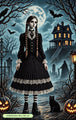 Diamond Painting mit Wednesday Addams vor Spukhaus, Fledermäusen, Kürbissen und schwarzer Katze. Mockup.