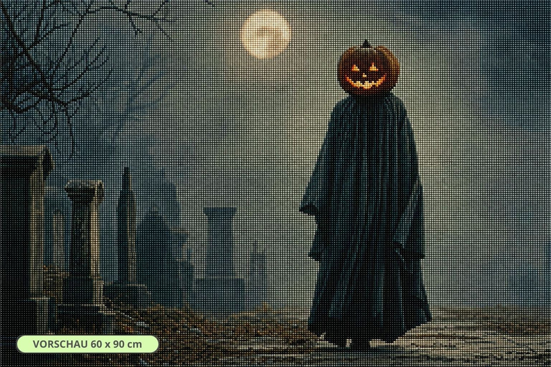 Diamond Painting mit leuchtendem Kürbiskopf auf einem nebligen Friedhof bei Vollmond. Mockup.
