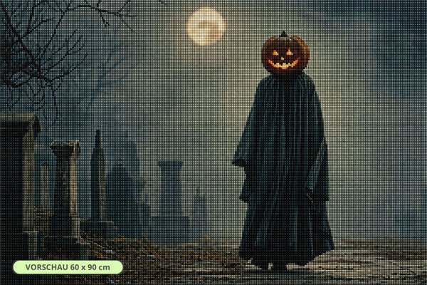 Diamond Painting mit leuchtendem Kürbiskopf auf einem nebligen Friedhof bei Vollmond. Mockup.