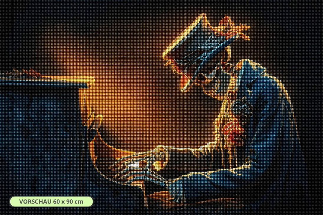 Diamond Painting mit einem Skelett am Klavier in dunkler Umgebung mit orange-blauer Beleuchtung. Mockup.