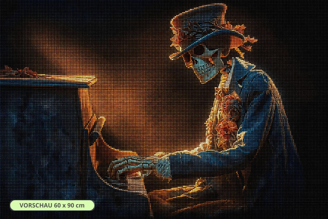 Diamond Painting mit Skelett im Zylinder beim Klavierspielen in blau-oranger Beleuchtung. Mockup.