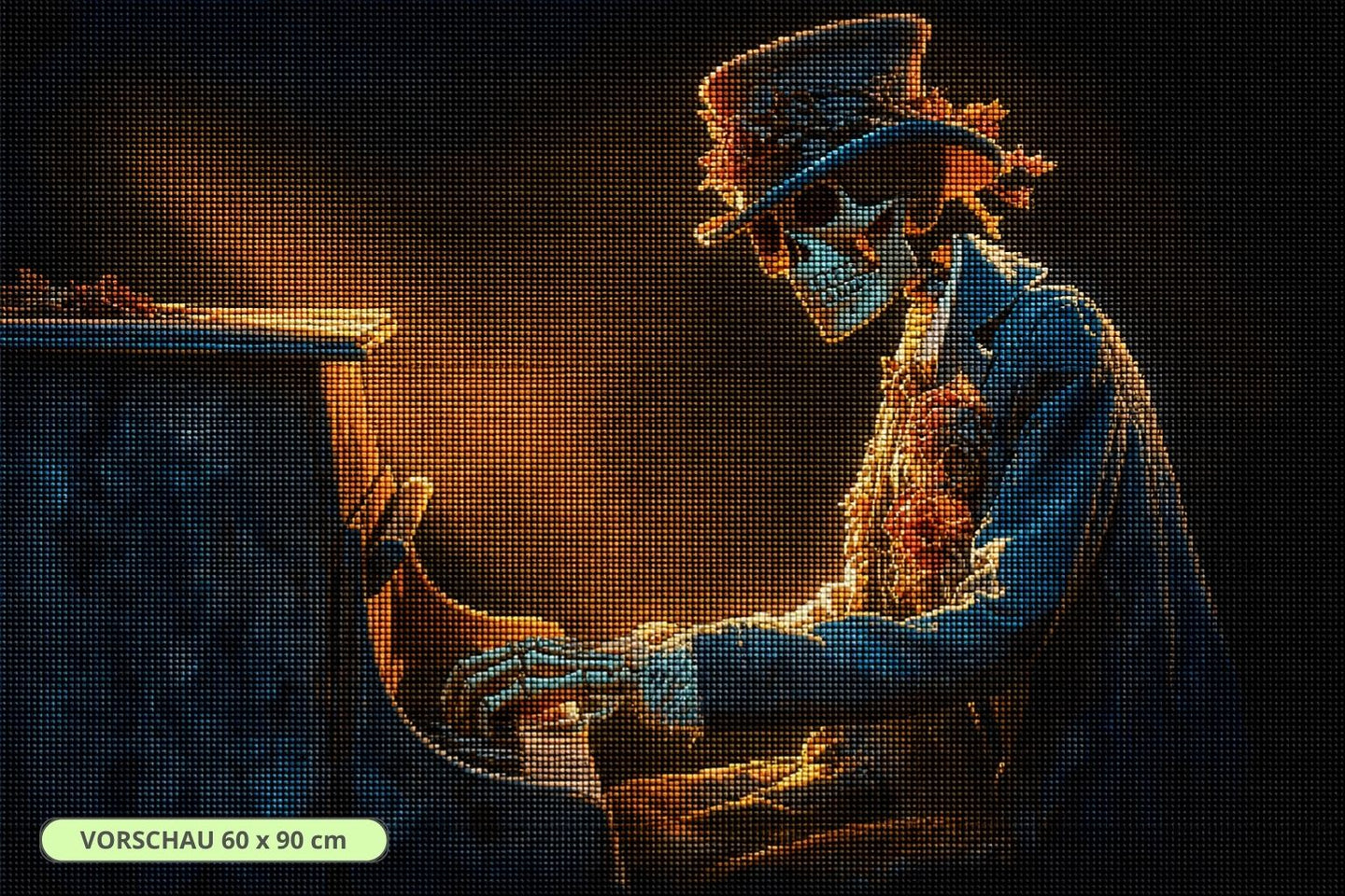 Diamond Painting mit Skelett im Zylinder beim Klavierspielen in blau-oranger Beleuchtung. Mockup.