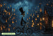 Diamond Painting mit Skelett auf Fahrrad, Zylinder und leuchtenden Kürbissen in einer nebligen Stadt. Mockup.