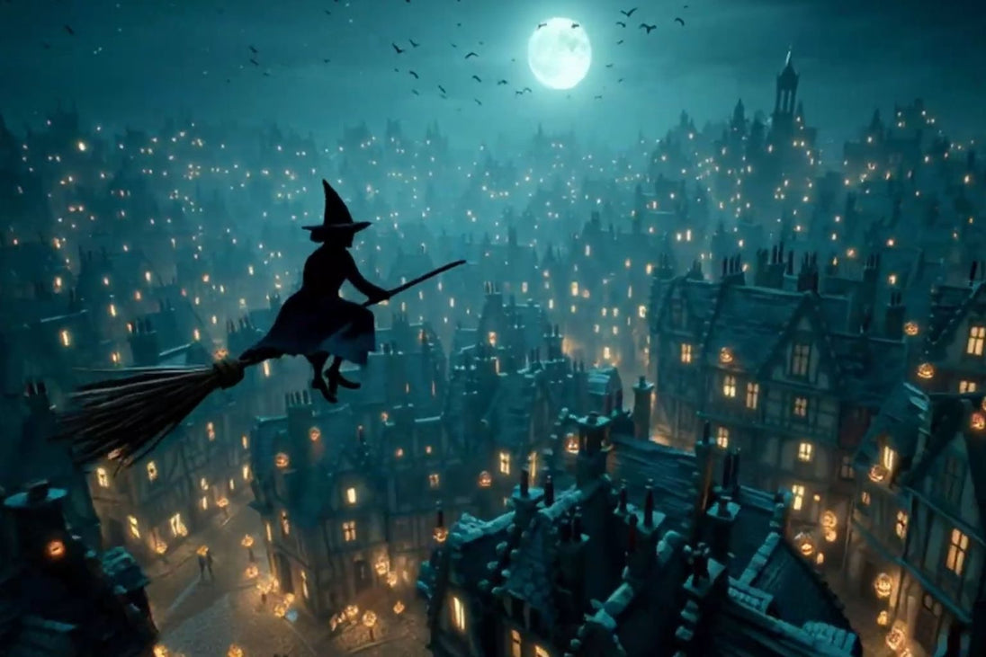 Diamond Painting mit fliegender Hexe auf Besen über einer beleuchteten Halloween-Stadt bei Vollmond.