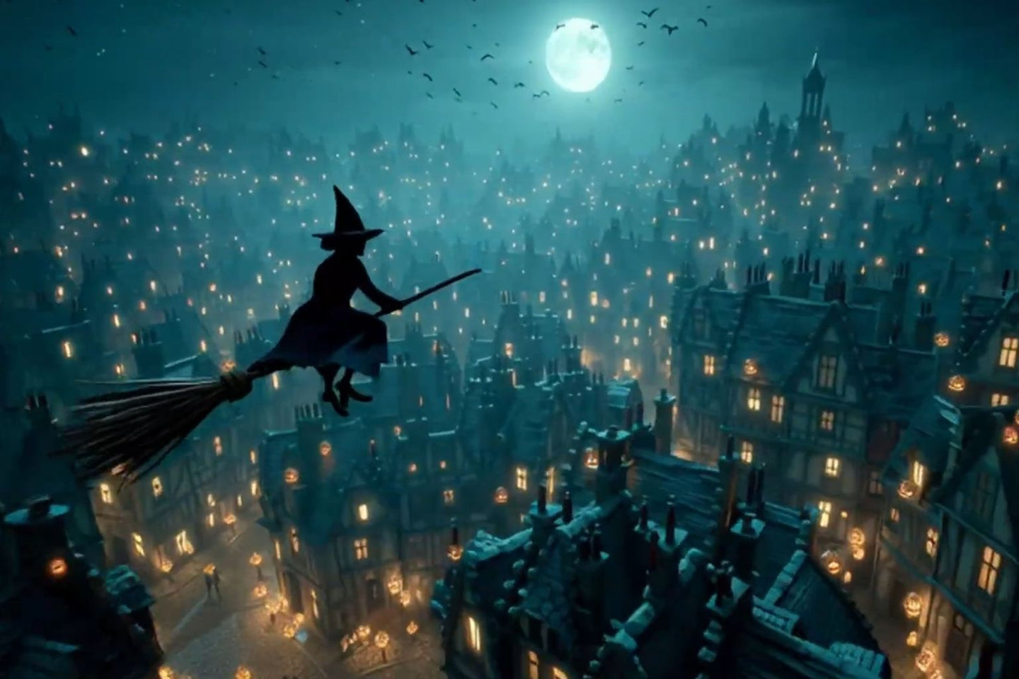 Diamond Painting mit fliegender Hexe auf Besen über einer beleuchteten Halloween-Stadt bei Vollmond.