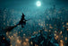 Diamond Painting mit fliegender Hexe auf Besen über einer beleuchteten Halloween-Stadt bei Vollmond.