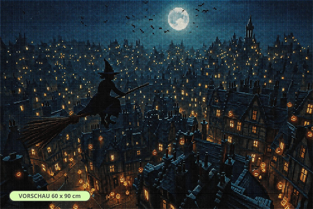 Diamond Painting mit fliegender Hexe auf Besen über einer beleuchteten Halloween-Stadt bei Vollmond. Mockup.