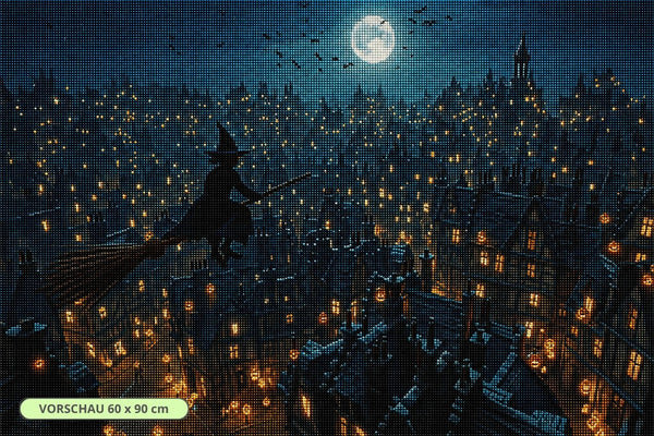 Diamond Painting mit fliegender Hexe auf Besen über einer beleuchteten Halloween-Stadt bei Vollmond. Mockup.