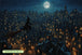 Diamond Painting mit fliegender Hexe auf Besen über einer beleuchteten Halloween-Stadt bei Vollmond. Mockup.