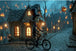 Diamond Painting mit Skelett auf Fahrrad in einem beleuchteten Halloween-Dorf.