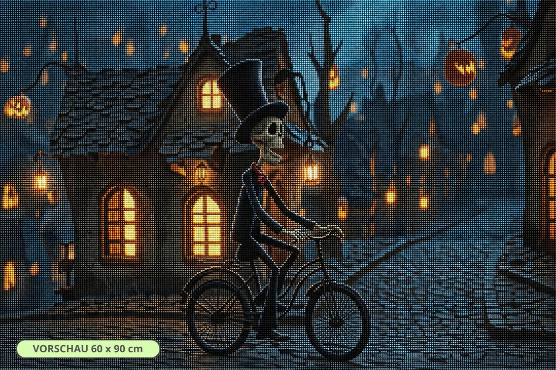 Diamond Painting mit Skelett auf Fahrrad in einem beleuchteten Halloween-Dorf. Mockup.