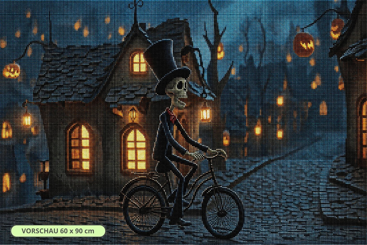 Diamond Painting mit Skelett auf Fahrrad in einem beleuchteten Halloween-Dorf. Mockup.