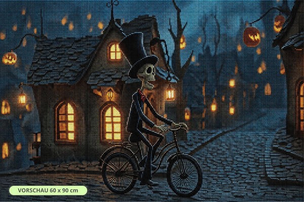 Diamond Painting mit Skelett auf Fahrrad in einem beleuchteten Halloween-Dorf. Mockup.