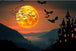 Diamond Painting mit schwarzem Spukschloss, orangefarbenem Vollmond und fliegenden Fledermäusen.