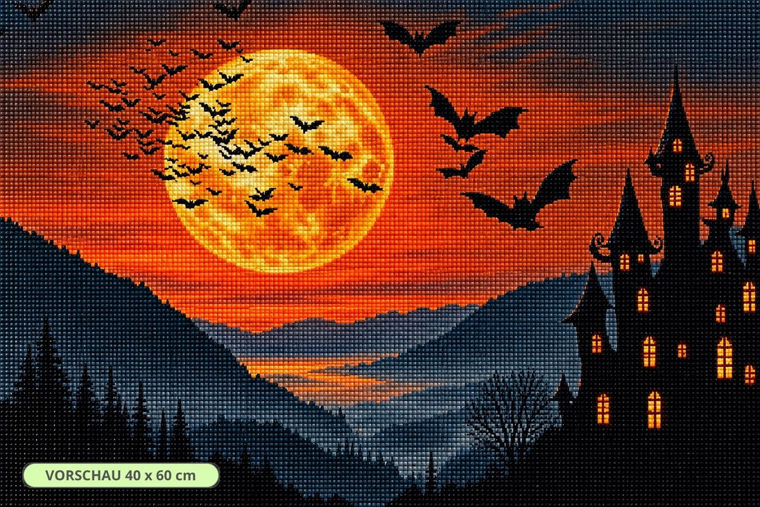 Diamond Painting mit schwarzem Spukschloss, orangefarbenem Vollmond und fliegenden Fledermäusen. Mockup.