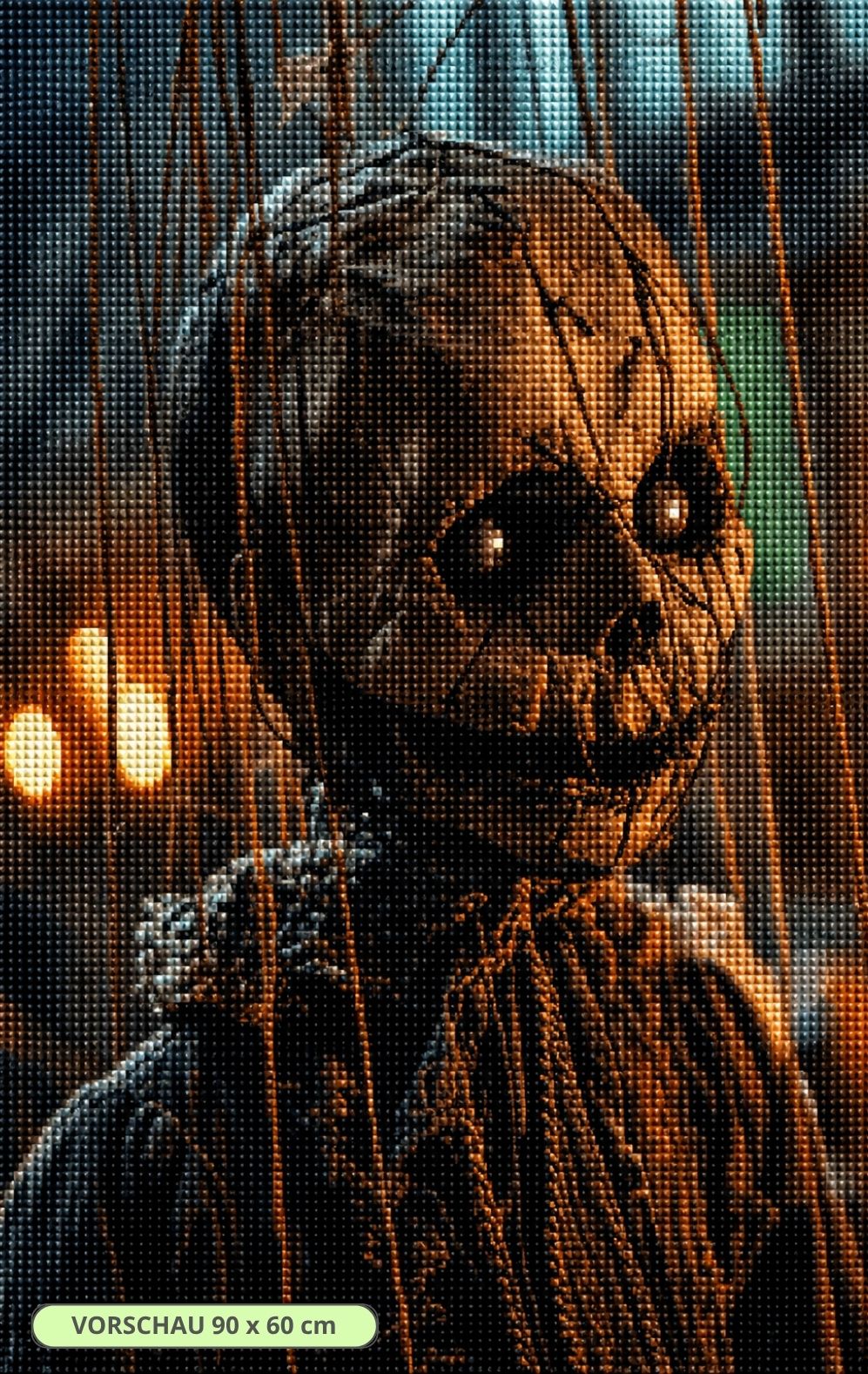 Diamond Painting einer unheimlichen Horrorpuppen-Figur mit schwarzem Blick, Schal und warmen Lichtpunkten im Hintergrund. Mockup.