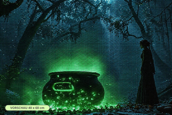 Diamond Painting mit leuchtendem Hexenkessel im nebligen Wald und einer Figur im Hintergrund. Mockup.