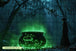 Diamond Painting mit leuchtendem Hexenkessel im nebligen Wald und einer Figur im Hintergrund. Mockup.
