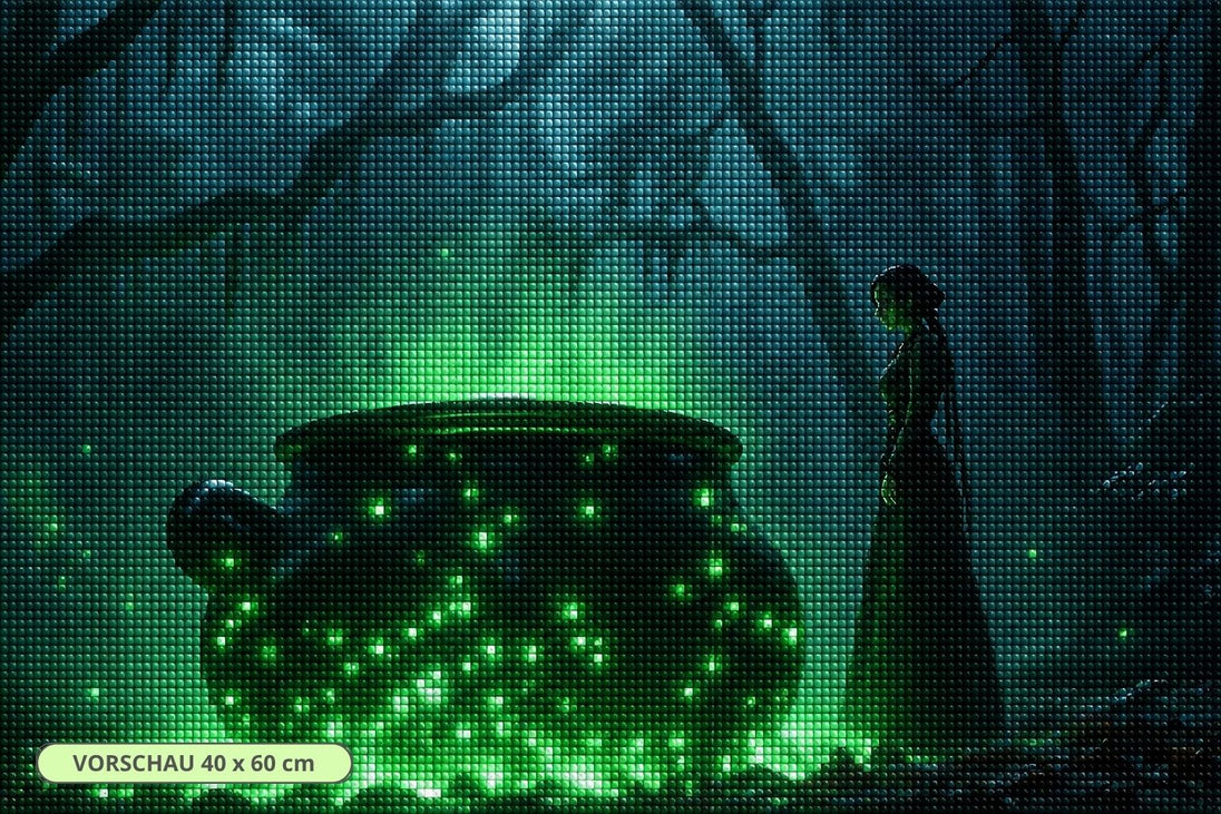 Diamond Painting mit leuchtendem Hexenkessel im nebligen Wald und einer Figur im Hintergrund. Mockup.