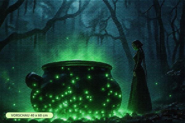 Diamond Painting mit leuchtendem Hexenkessel im nebligen Wald und einer Figur im Hintergrund. Mockup.