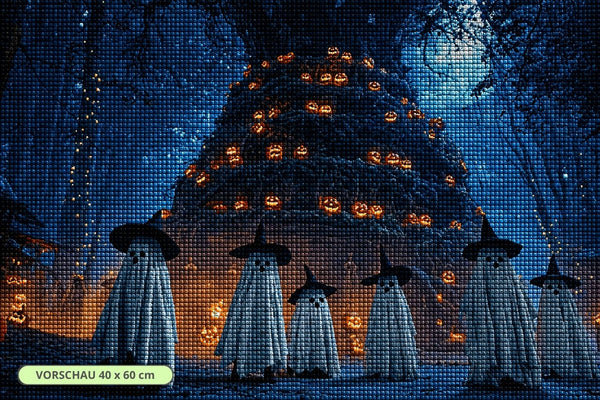 Diamond Painting mit sechs Geistern vor einem leuchtenden Kürbisbaum im nebligen Wald. Mockup.