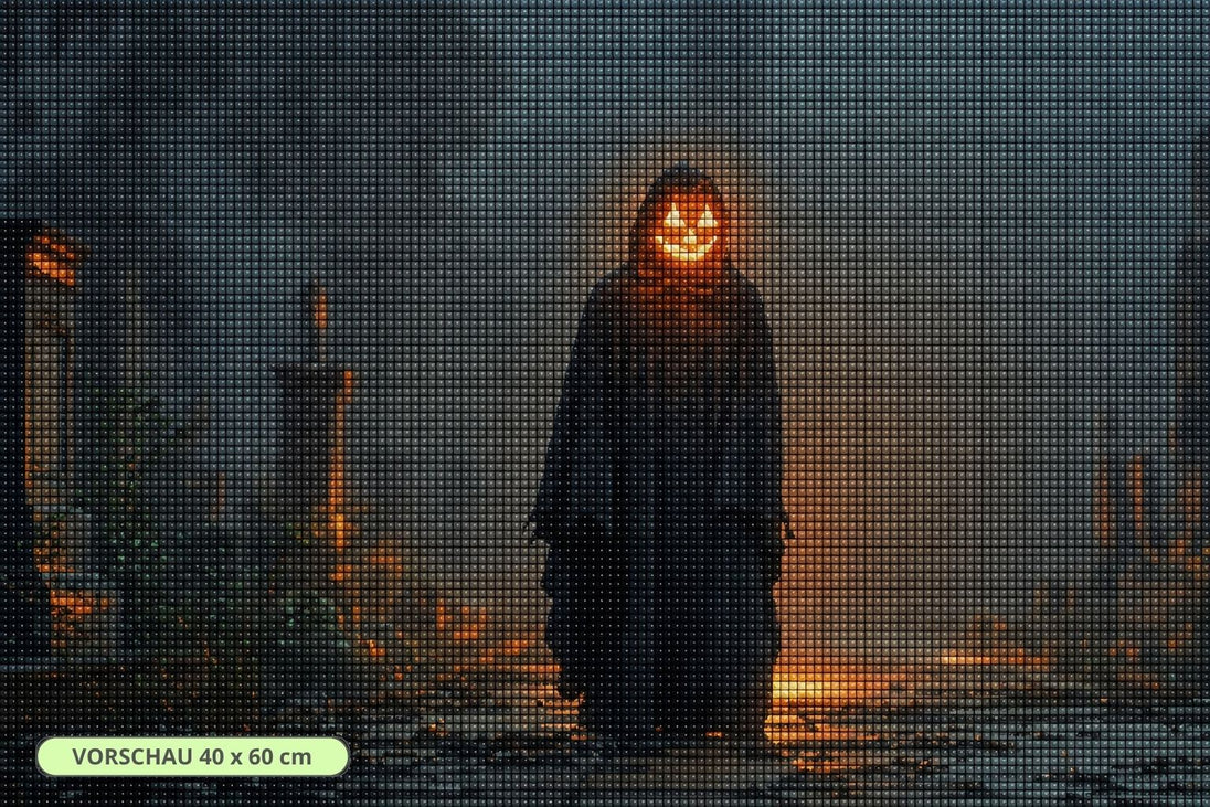 Diamond Painting mit kapuzenförmiger Halloween-Gestalt und leuchtendem Kürbiskopf im Nebel. Mockup.