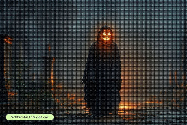 Diamond Painting mit kapuzenförmiger Halloween-Gestalt und leuchtendem Kürbiskopf im Nebel. Mockup.