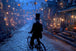 Diamond Painting mit silhouettenhaftem Fahrradfahrer in einer beleuchteten Halloween-Gasse mit Kürbislaternen.