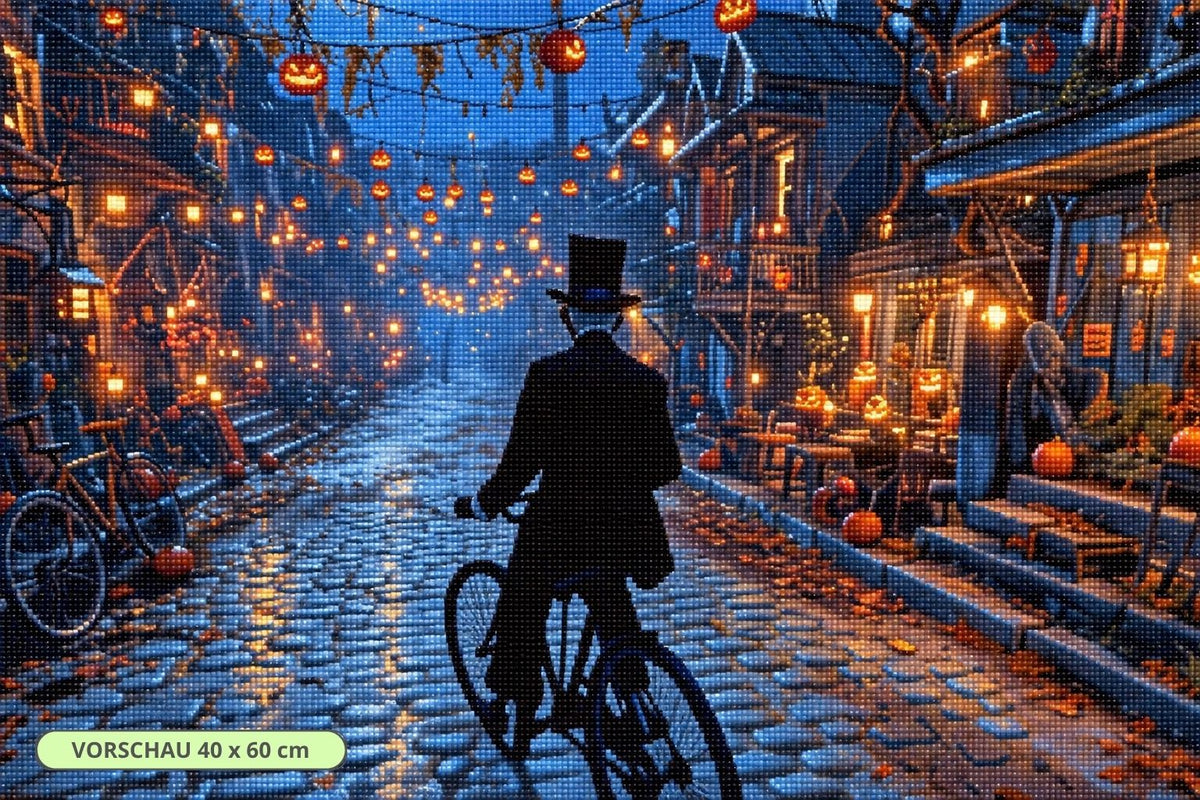 Diamond Painting mit silhouettenhaftem Fahrradfahrer in einer beleuchteten Halloween-Gasse mit Kürbislaternen. Mockp.