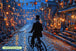 Diamond Painting mit silhouettenhaftem Fahrradfahrer in einer beleuchteten Halloween-Gasse mit Kürbislaternen. Mockp.
