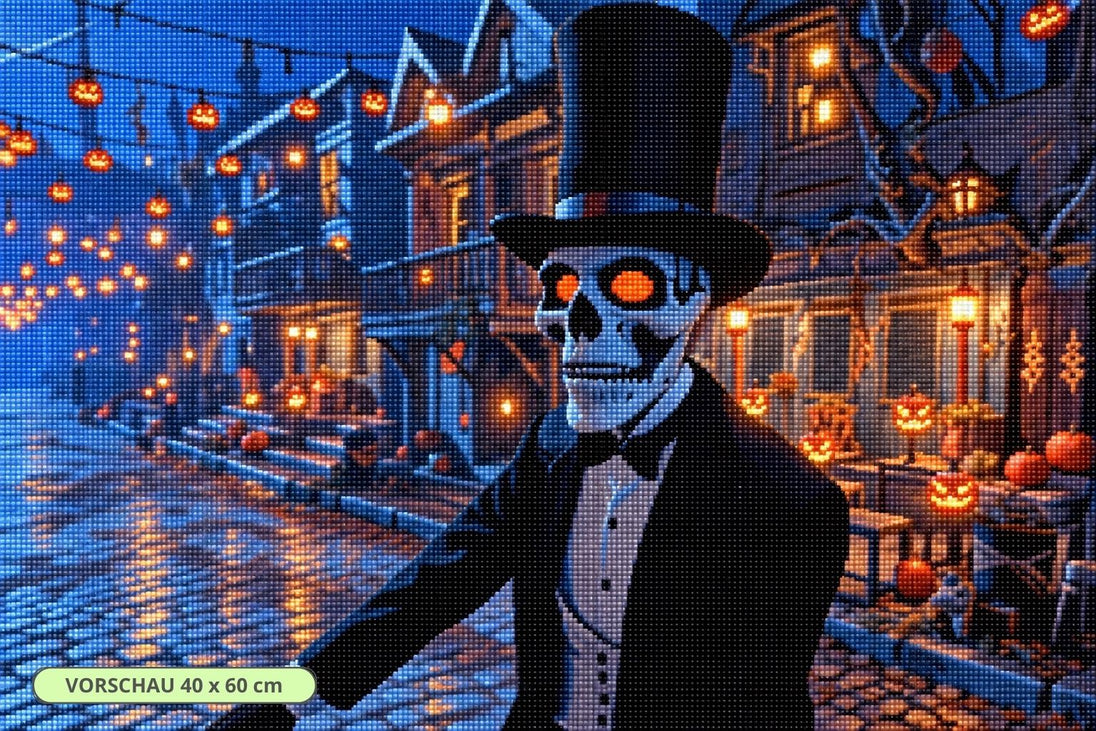 Diamond Painting mit Skelett im schwarzen Zylinder, leuchtenden Augen und Halloween-Straße im Hintergrund. Mockup.