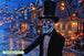 Diamond Painting mit Skelett im schwarzen Zylinder, leuchtenden Augen und Halloween-Straße im Hintergrund. Mockup.